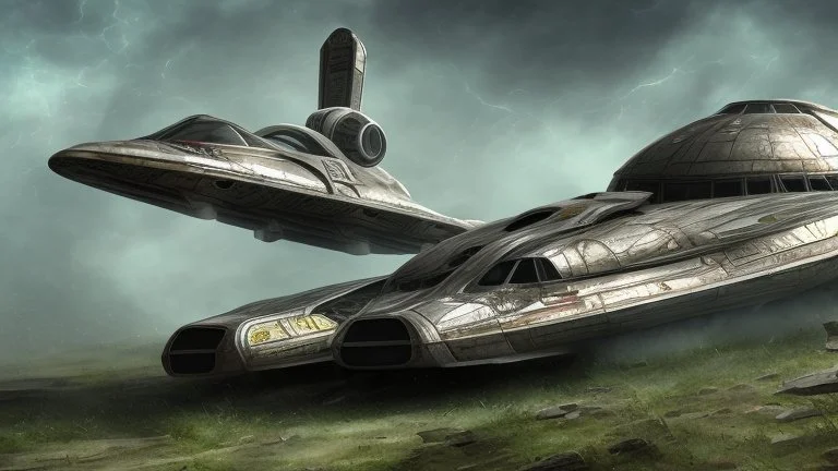 Sleek Cargo Spaceship Sitting In A Ruined Landscape