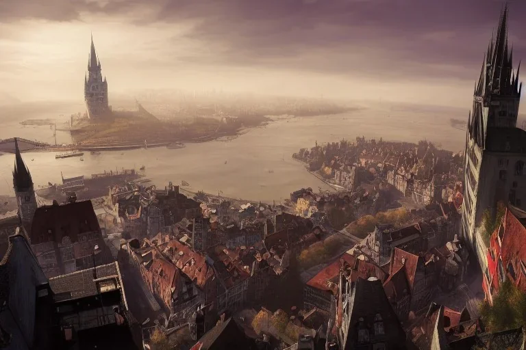 Insland+Quebec city hill+Bruges canal+bridges+corner building on hill+Gothic city+BioShock+Dishonored+Bloodborne +trieste+Edinburgh+Chicago+victorian London+decòpunk Skyscraper+ +steampunk+biopunk+alphonse mucha, greg rutkowski,matte painting, cryengine, hyper detailed, felix kelly, fantasy art, seb mckinnon