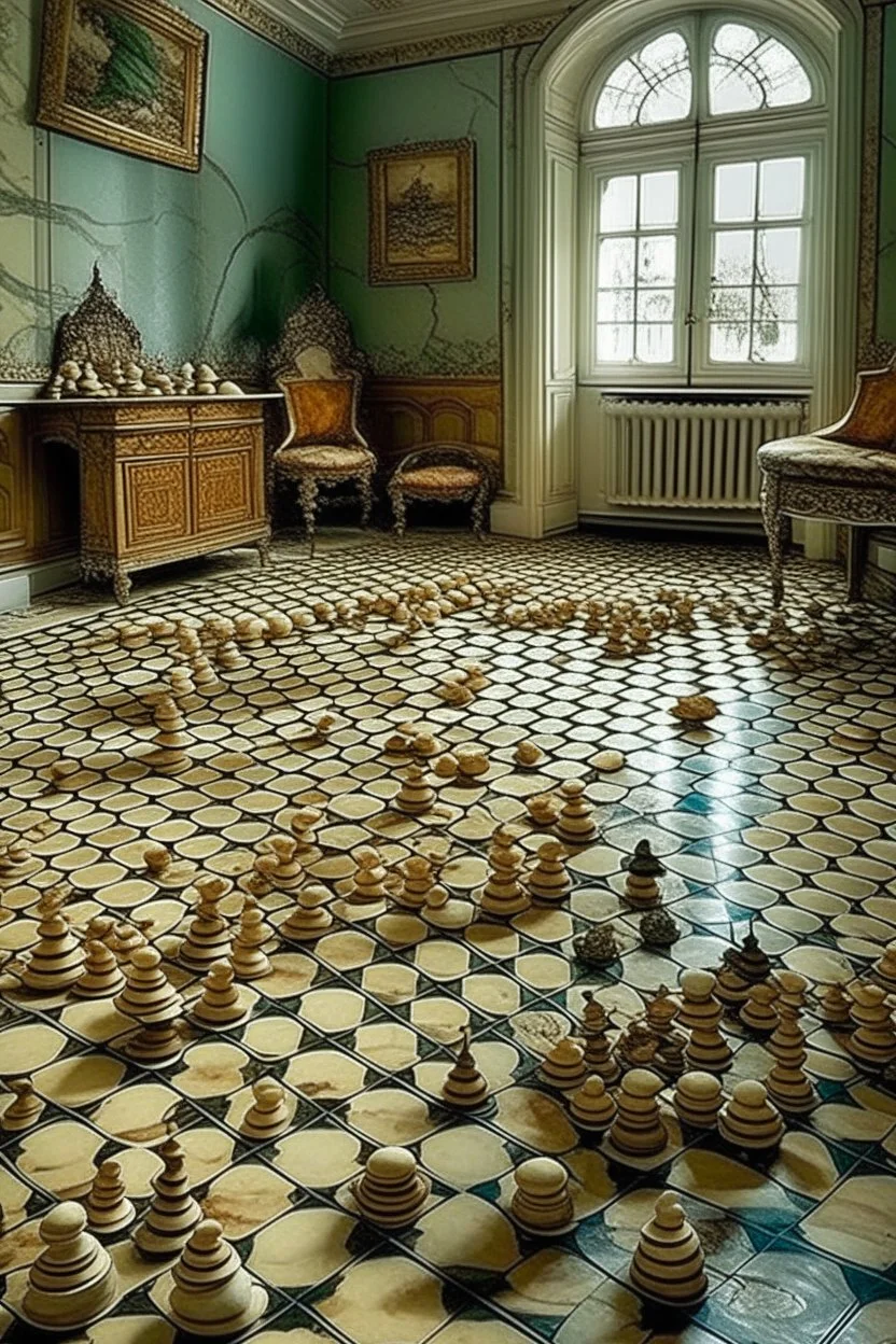 in a room thats just huge sea shells and on the floor in a huge chess board