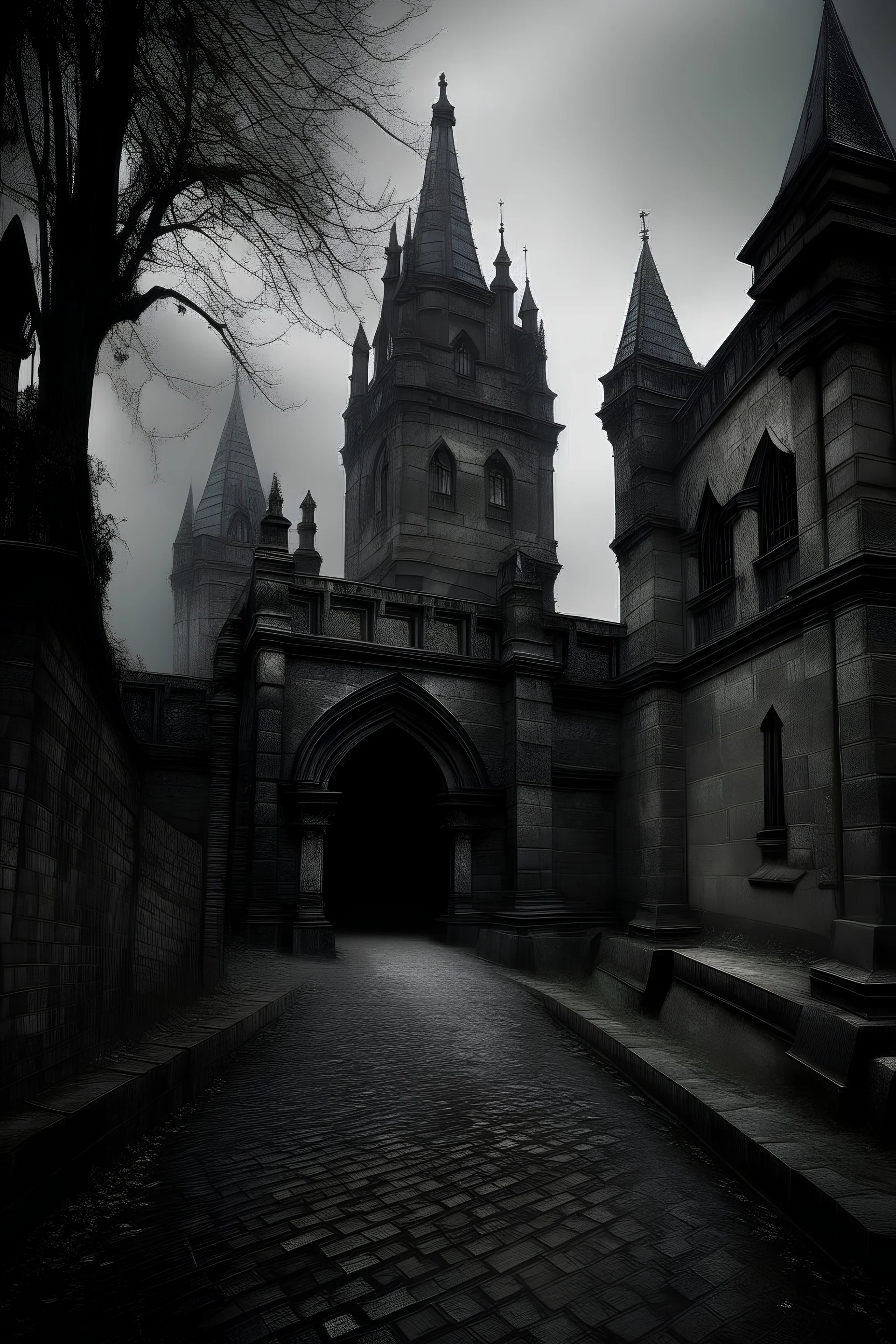 Vampire Castle, Gothic style, creepy, dark and spooky, cobblestone path, statues