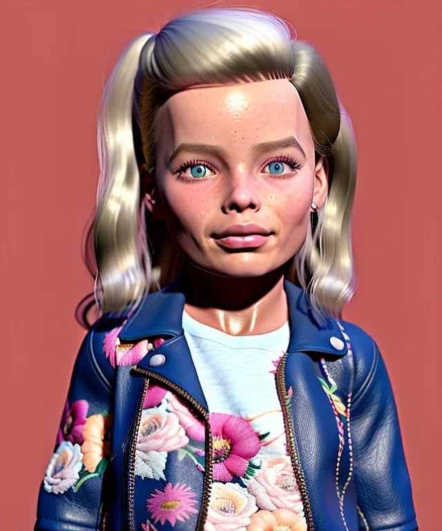 Margot Robbie toddler, full body, sneaker, leather jacket, floral shirt, soft skin, dramatic lighting, hyper realistic