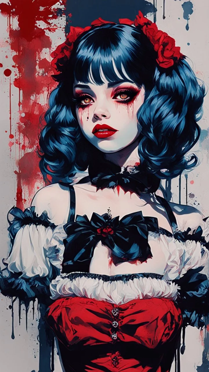 Poster in two gradually, a one side malevolent goth vampire girl face and other side the Singer Melanie Martinez face, full body, painting by Yoji Shinkawa, darkblue and red tones,