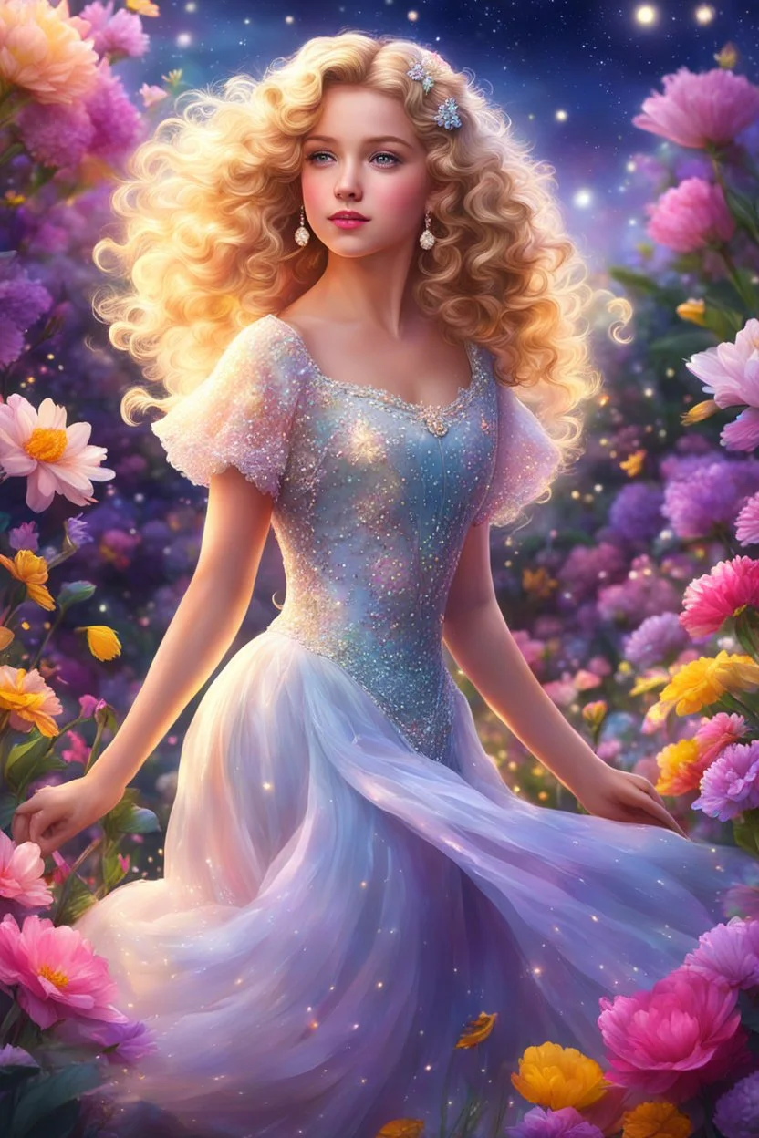 A girl with curly blonde hair and angelic eyes danced in the night amidst the colorful blooms of spring flowers, her pearl princess dress sparkling in the evening air, dispelling gloom with her beauty and grace. highly detailed, digital art, beautiful detailed digital art, colorful, high quality, 4k