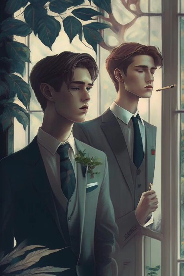 20 Year boy with pretty face he is gay and gentle. smoking behind window while looking outdoor trees. His in a full official suit. Two of his boyfriends around him