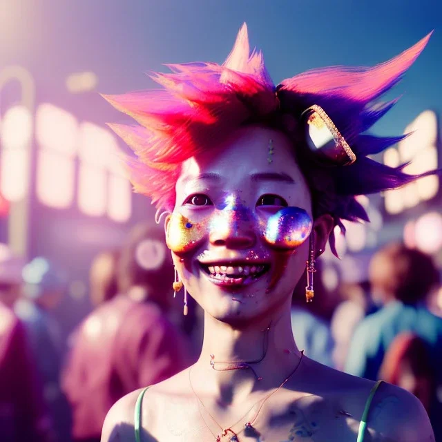 Ultra Realistic photo, medium shot view, drunken sweet dancer Japanese woman, carnival scene, monster hair, steampunk style. Red hair, confeti, smile, happy, festival, ovnis, gradient color fog. highly detailed, concept art, unreal engine 5, ray tracing, RTX, lumen lighting, ultra detail, volumetric lighting, 3d, finely drawn, high definition, high resolution.