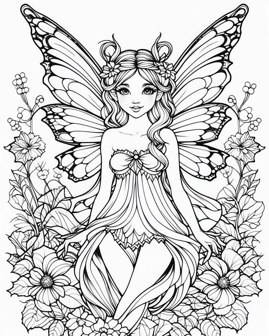 The fairy coloring page cartoon is simple, with bold precise clear lines, no color, white background.