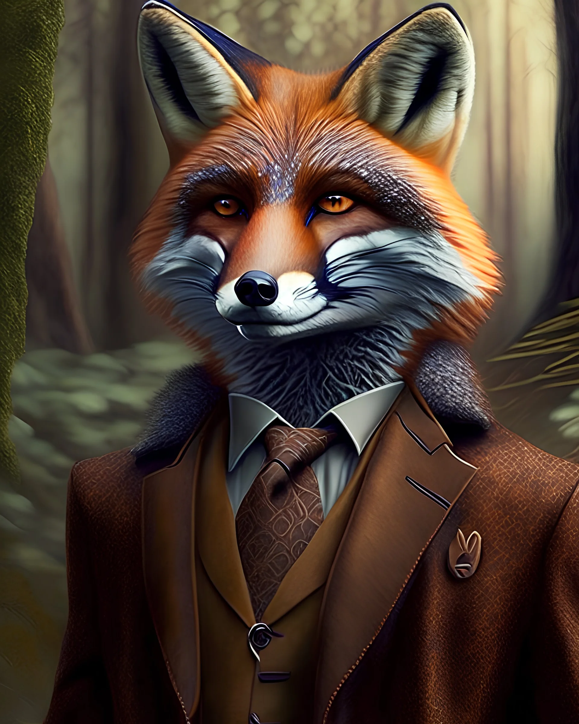 Anthropomorphic fox 2d in brown suit from Samen the forest