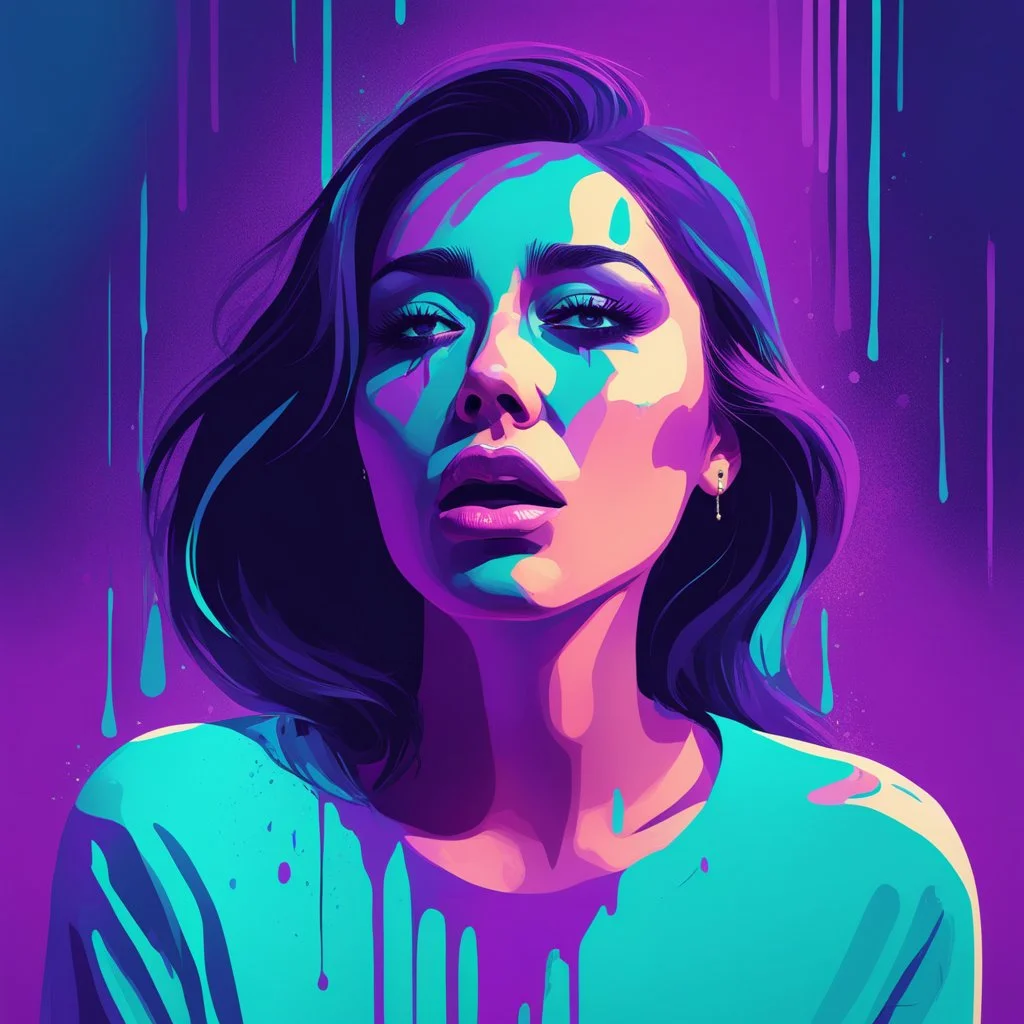 An expressive, 3D-rendered illustration of a woman suddenly overwhelmed by anxiety--her eyes wide and hands clasped to her chest in surprise. The style is inspired by psychological phenomena illustrations, featuring bold shadows and dripping paint effects. A purple and cyan color palette creates a striking contrast against a flattened perspective background.