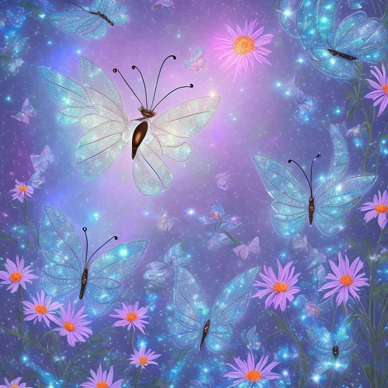 garden with subtle cristal transparent bright glitter blue butterfly, light, galactic, subtle flowers