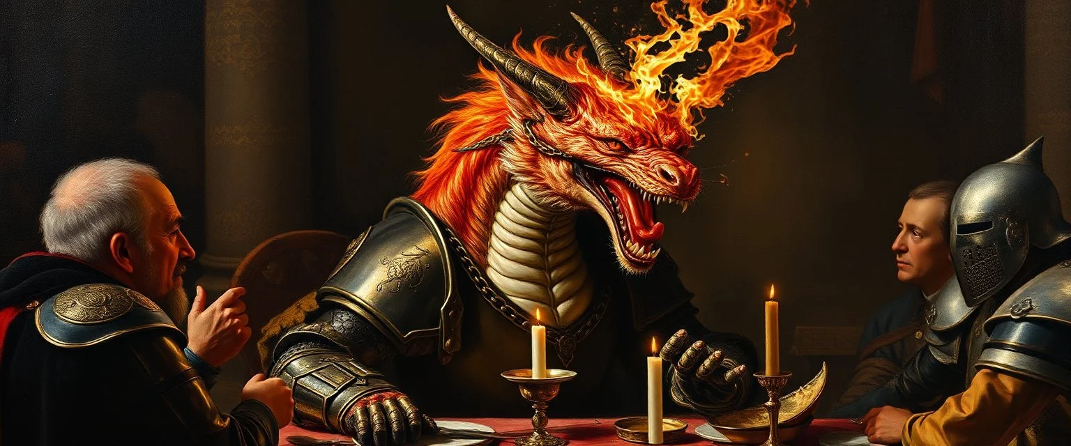 portrait painted by Rembrandt, stupid looking fire breathing dragon fox in chains and knights armor at banquet