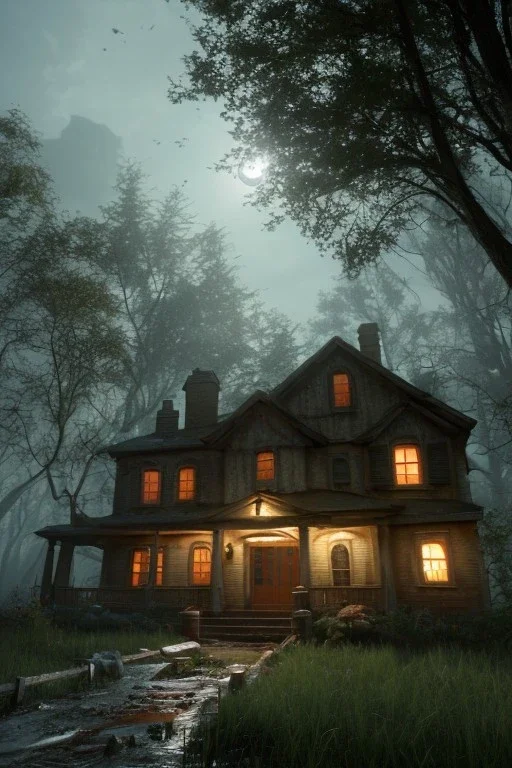 Realistic scene of monster house. Night, fog. highly detailed, concept art, smooth, unreal engine 5, god rays, ray tracing, RTX, lumen lighting, ultra detail, volumetric lighting, 3d, finely drawn, high definition, high resolution.