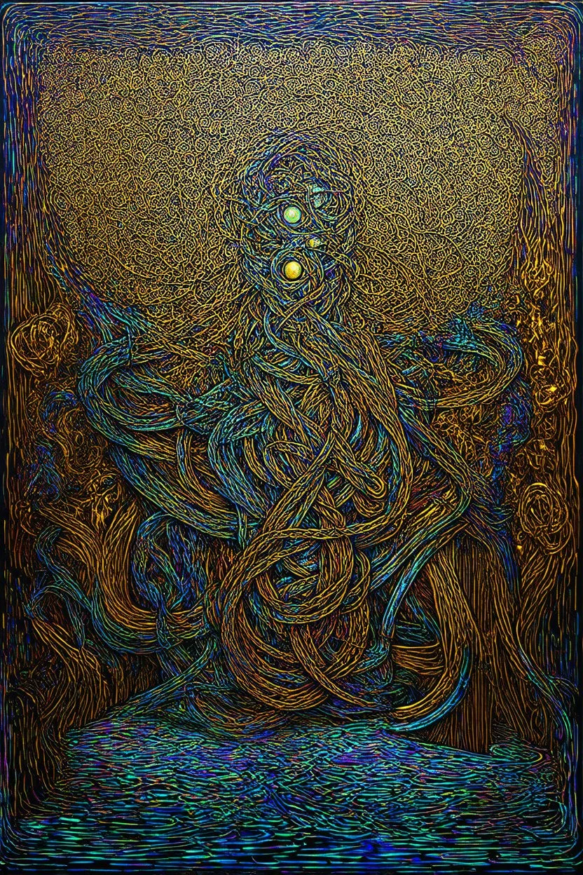 psychological knots; surreal art in the style of Andre Breton over a background of ink art inspired by Escher filled in with Iridescent golden elements inspired by Klimt and colorful elements inspired by Klee