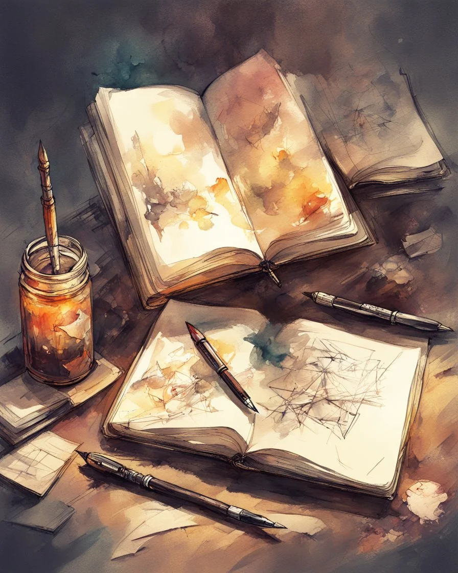 a collection of poems, a notebook with a pen and a can of ink, a set of dreams, a light watercolor sketch, by Leonid Afremov & Benedick Bana & Atelier Olschinsky & Ian McQue