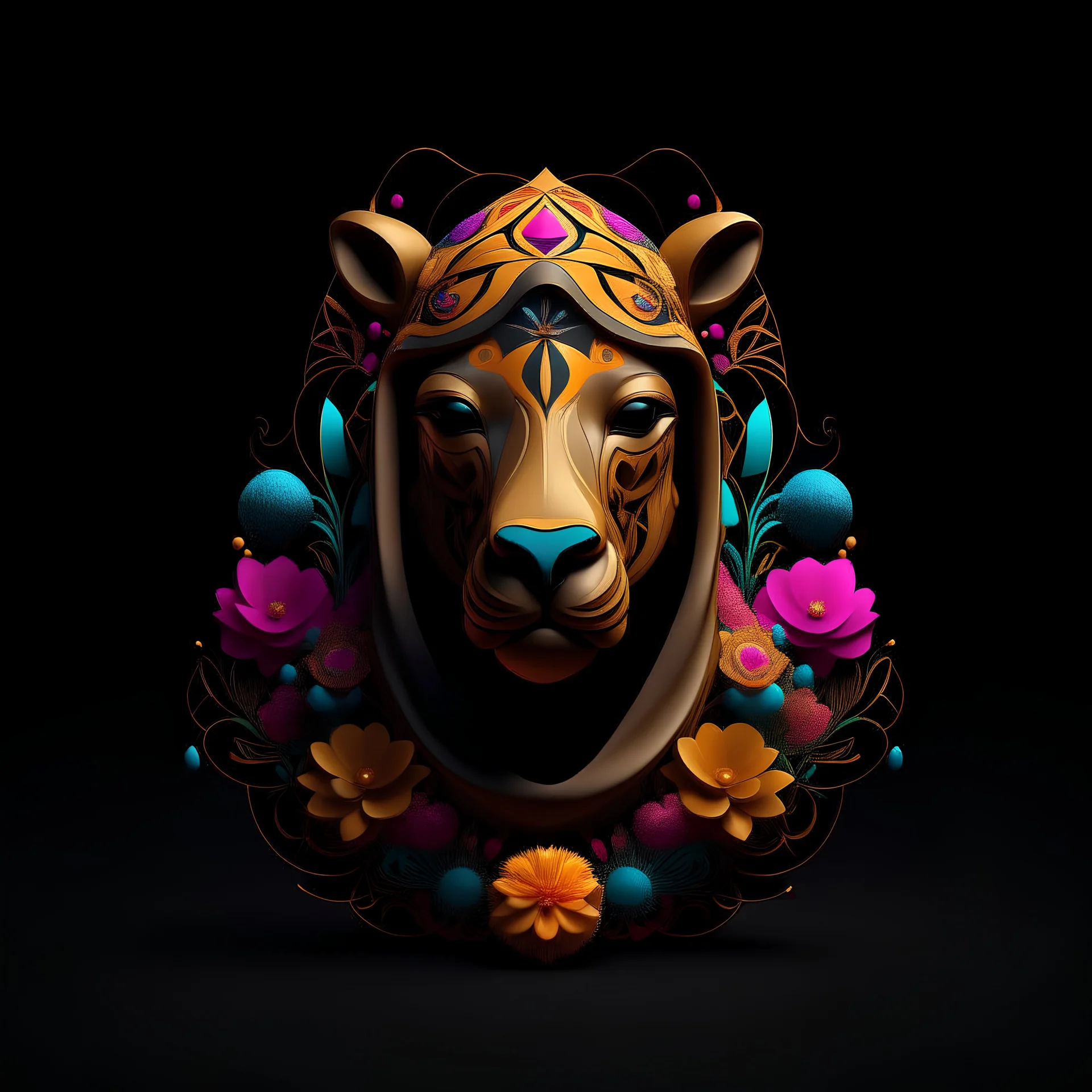 logo design, complex, trippy, bunchy, 3d lighting, 3d, camel, realistic head, colorful, floral, scarf, flowers, cut out, modern, symmetrical, center, abstract, black background