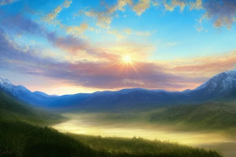 the most beautiful panoramic landscape, oil painting, where the mountains are towering over the valley below their peaks shrouded in mist, the sun is just peeking over the horizon producing an awesome flare and the sky is ablaze with warm colors and stratus clouds. a giant dreamy waterfall creates a river, it is winding its way through the valley and the trees are starting to bloom in a great variety of colors, by greg rutkowski, aerial view