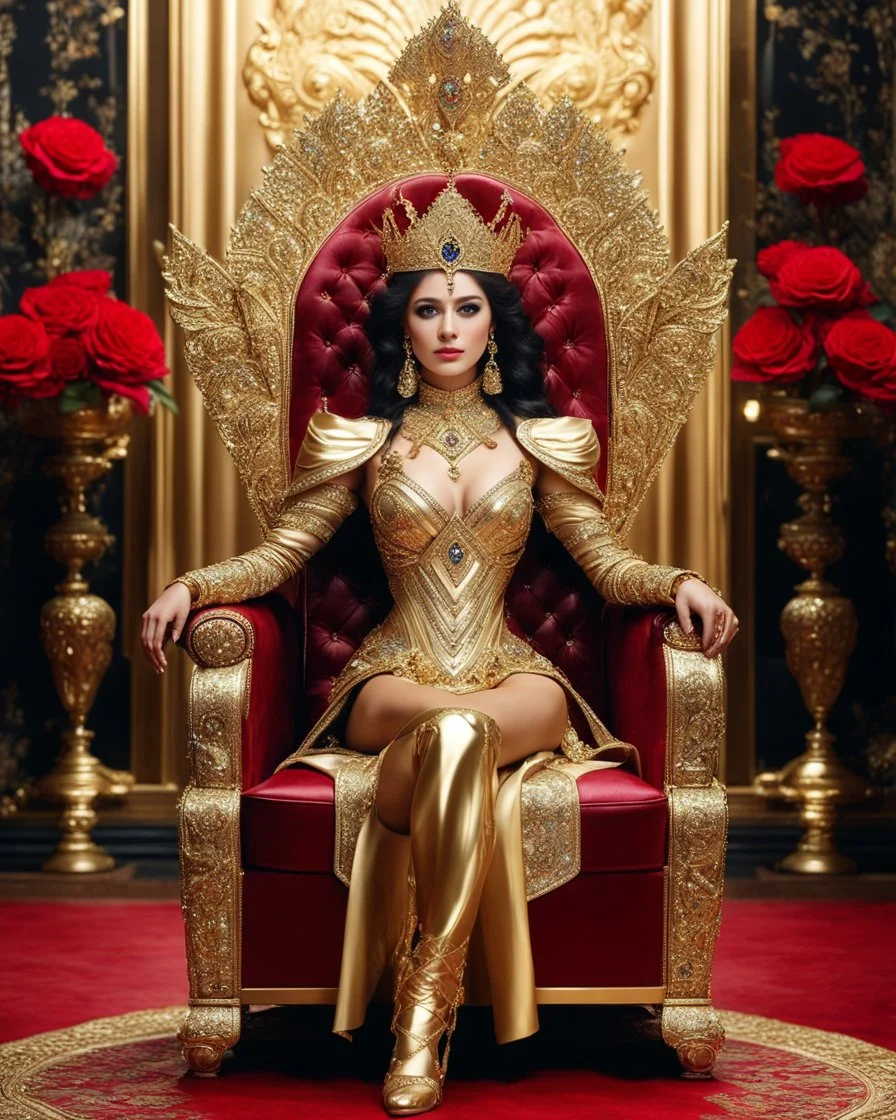 The Beautiful Queen sits on a luxurious palace chair, wearing luxury clothes with luxurious armor design, made of gold metal plate, metal craft with luminous diamond glitter, on the outer surface of the luxury jewelry decoration very small diamond stones, heart shape red diamond stones, black decoration leaves and small rose flower decorations are incorporated, emitting light, golden background