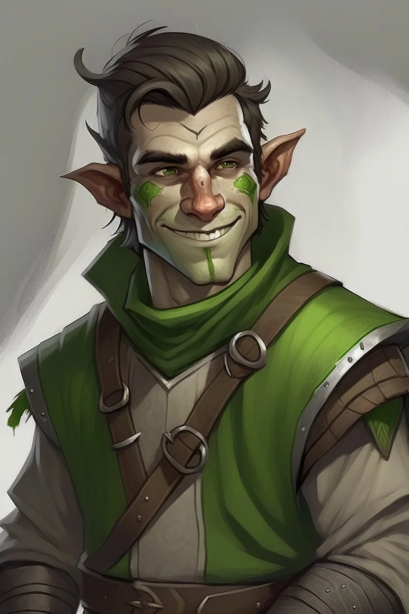 half orc twenty one year old male wearing gray and green rogue clothing, mischievous and smiling