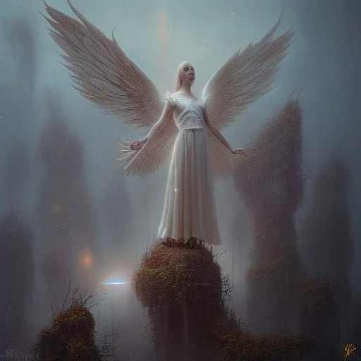 Angel's Suicide, the last attempt, short sunrise moment, everything breaks into small pieces, end of all things, bokeh, timeless eternity, complementary colors, Depicted in an Eerie oppressive feeling by Greg Rutkowski, James Earley, Mark Metcalfe, Darek Zabrocki, Gilles Beloeil, Neil Blevins, Anne Stokes, surrealist style, fine art, fine brush strokes, detail oriented, over detail, scary, oppressive, a masterpiece, old work of art, oil on canvas, perfect composition, Art of Illusion 3D shading