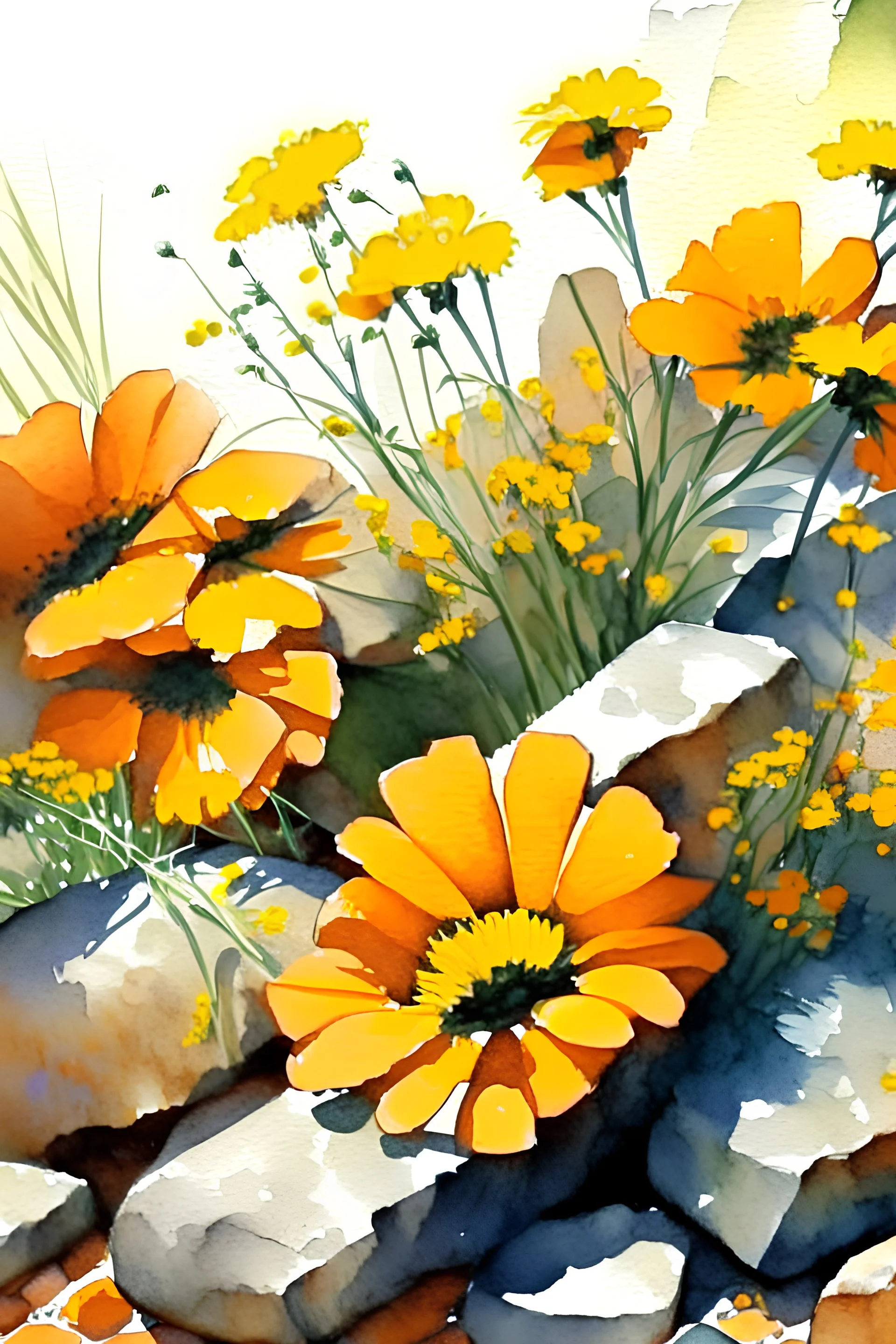 Sunny day, orange flowers, rocks, watercolor paintings