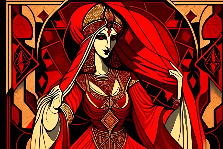 Stylized Arabian Nights aristocrat, In the style of Tarot and Art Deco, Red colours