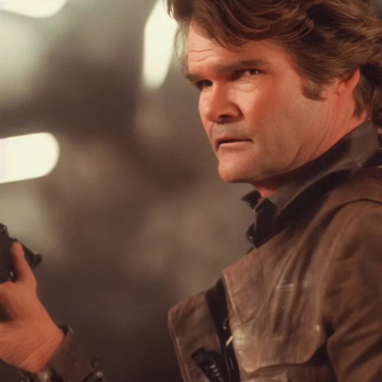 Kurt Russell as Han Solo, dramatic light, close up, smoky background, high detail, cinematic, vignette