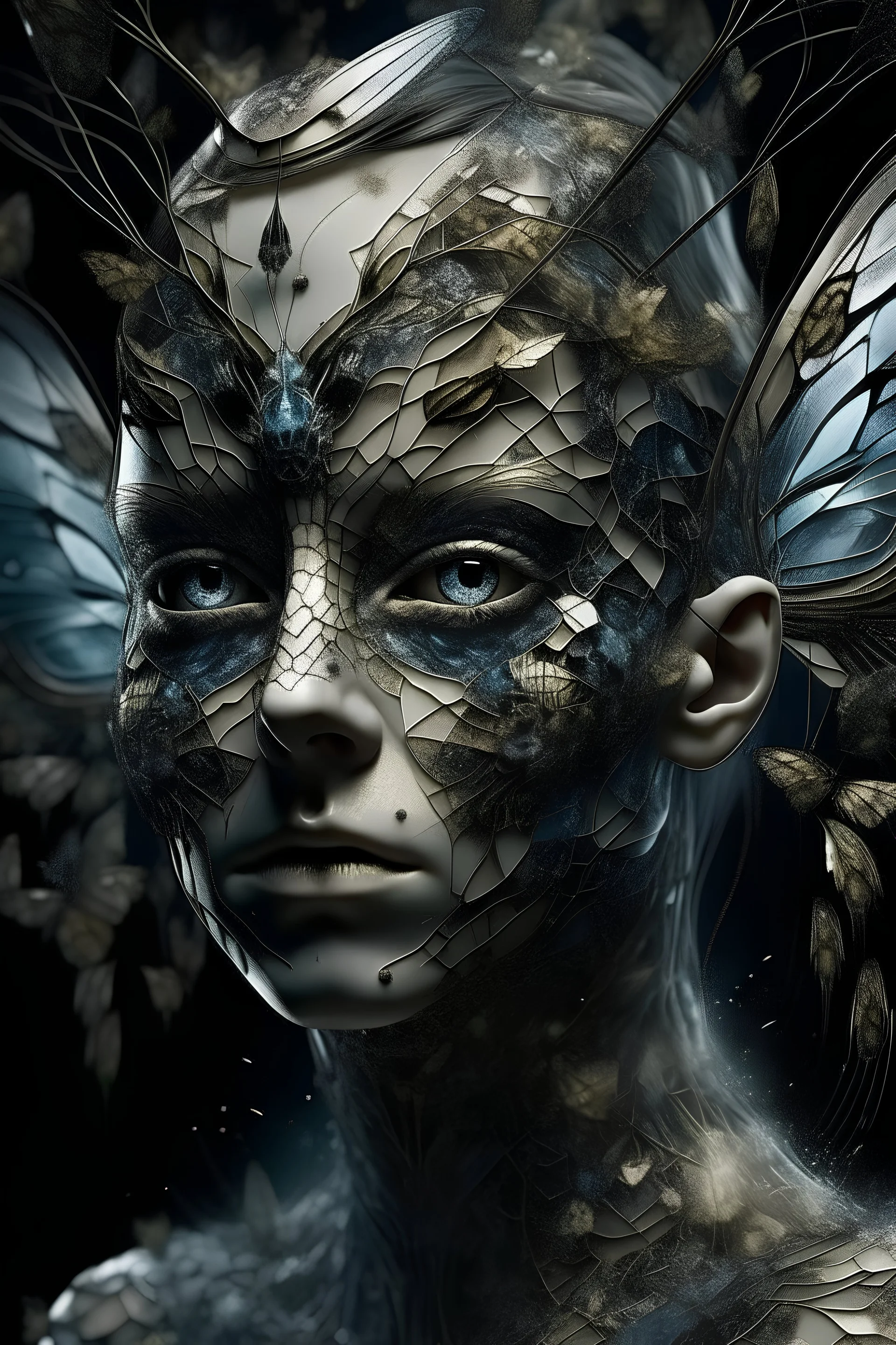 Create a surrealistic hybrid portrait made entirely of intricate glass shards, merging human features with elements of a moth. Integrate the distinctive wings, antennae, and compound eyes of a moth into the human face, blending seamlessly with the human skin and hair. Use dramatic, low-key lighting to create a mysterious and otherworldly atmosphere, reminiscent of moonlight filtering through fog. Capture a medium shot to show both the face and the upper body, emphasizing the delicate details of