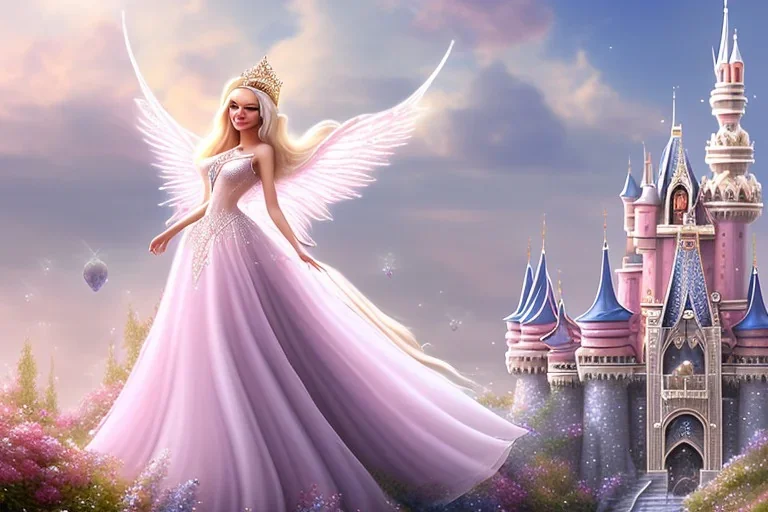 castle in background, beautiful, soft, big smiling, straight and long blonde hair, blues eyes, dewy and shiny atmosphere, diamond crown, long fairy wings in the back, full head, pink veil clothes