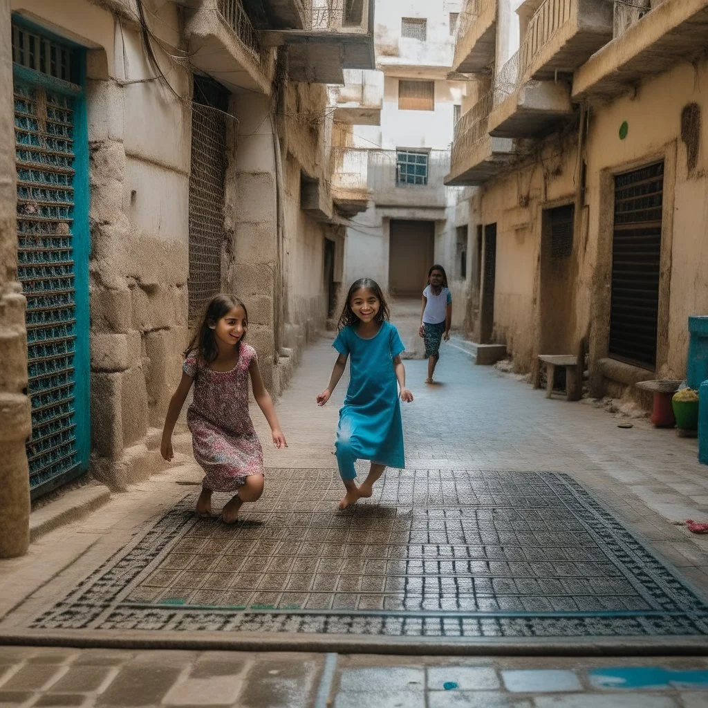 Arab girls playing hopscotch in an alley in Tripoli Old City