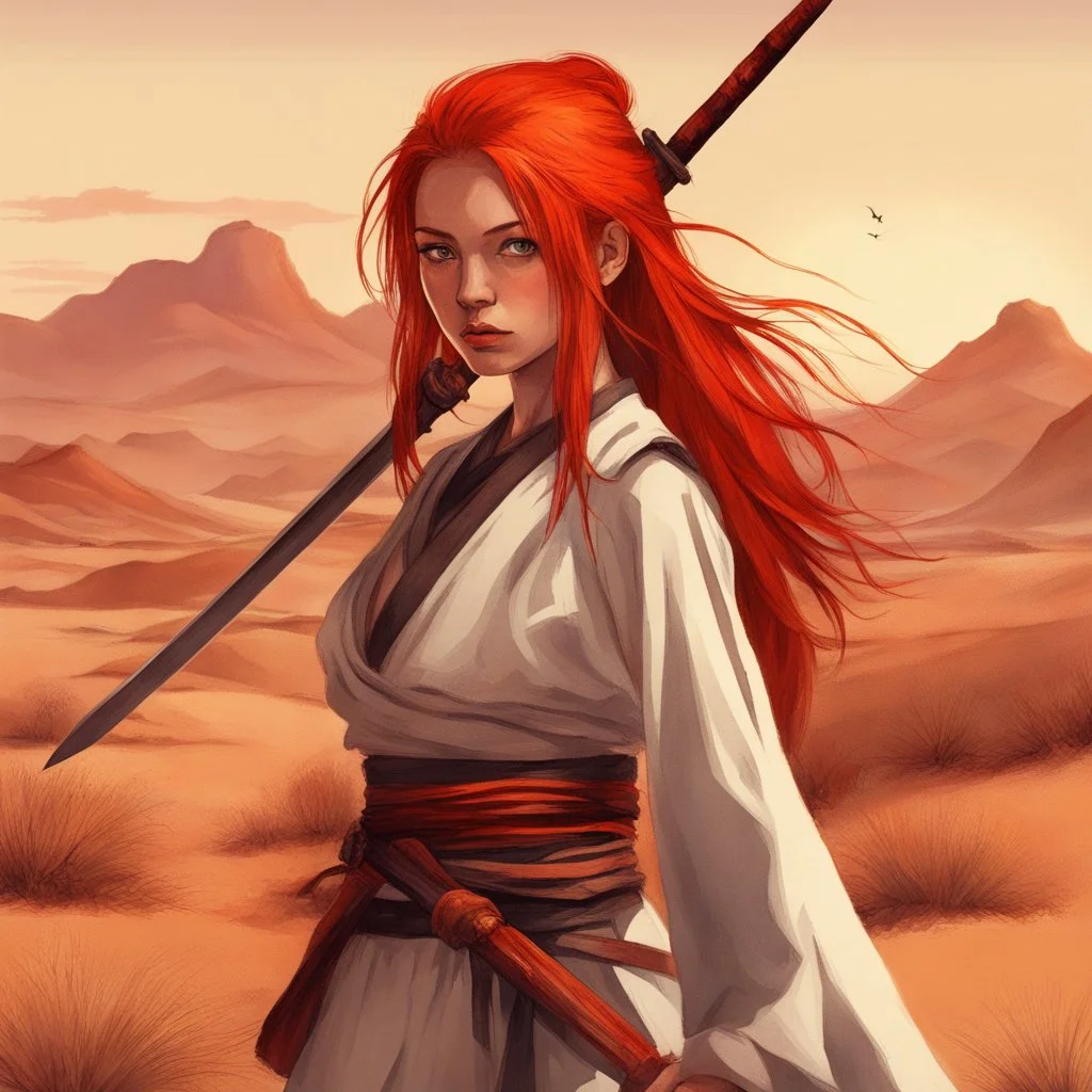 Girl samurai redhead in a desert valley, flame sword