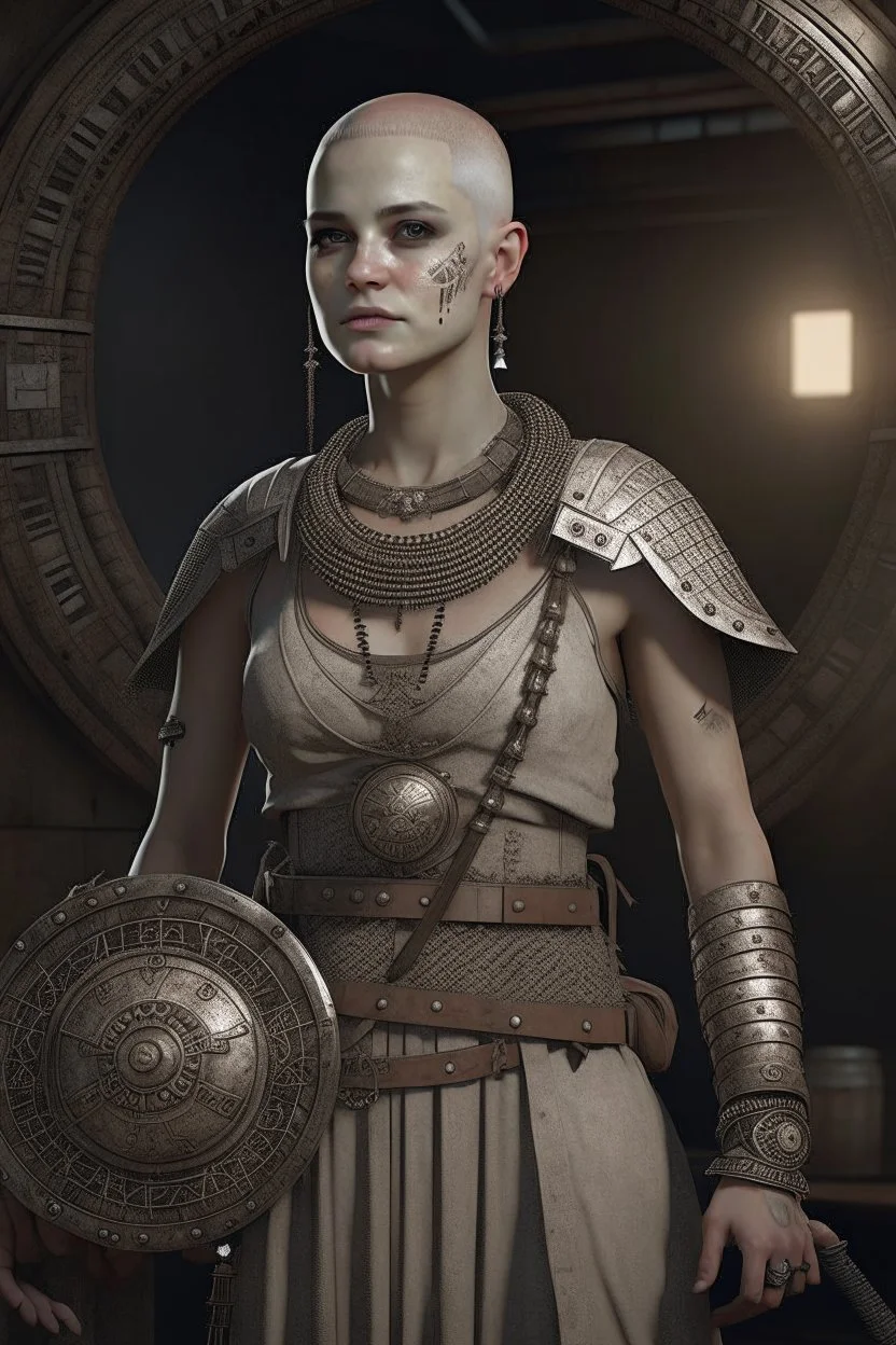 full length, gangly, 22-year old, shaved head, grey-eyed female human with a beaded necklace, bare face, scale mail, sickle and shield