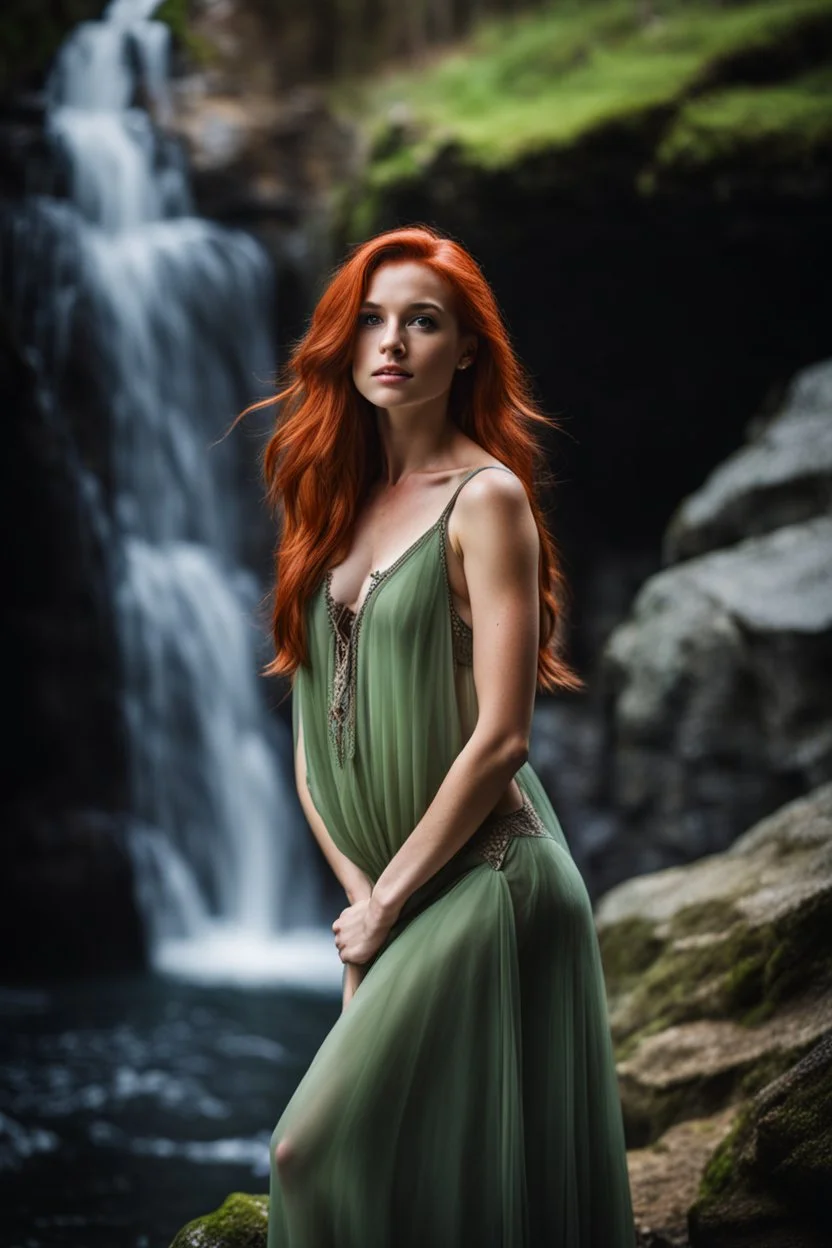 Close UP, delicate, cute, soft, skinny belly red haired Young lady, with freckles, Green eyes , cave waterfall, medieval