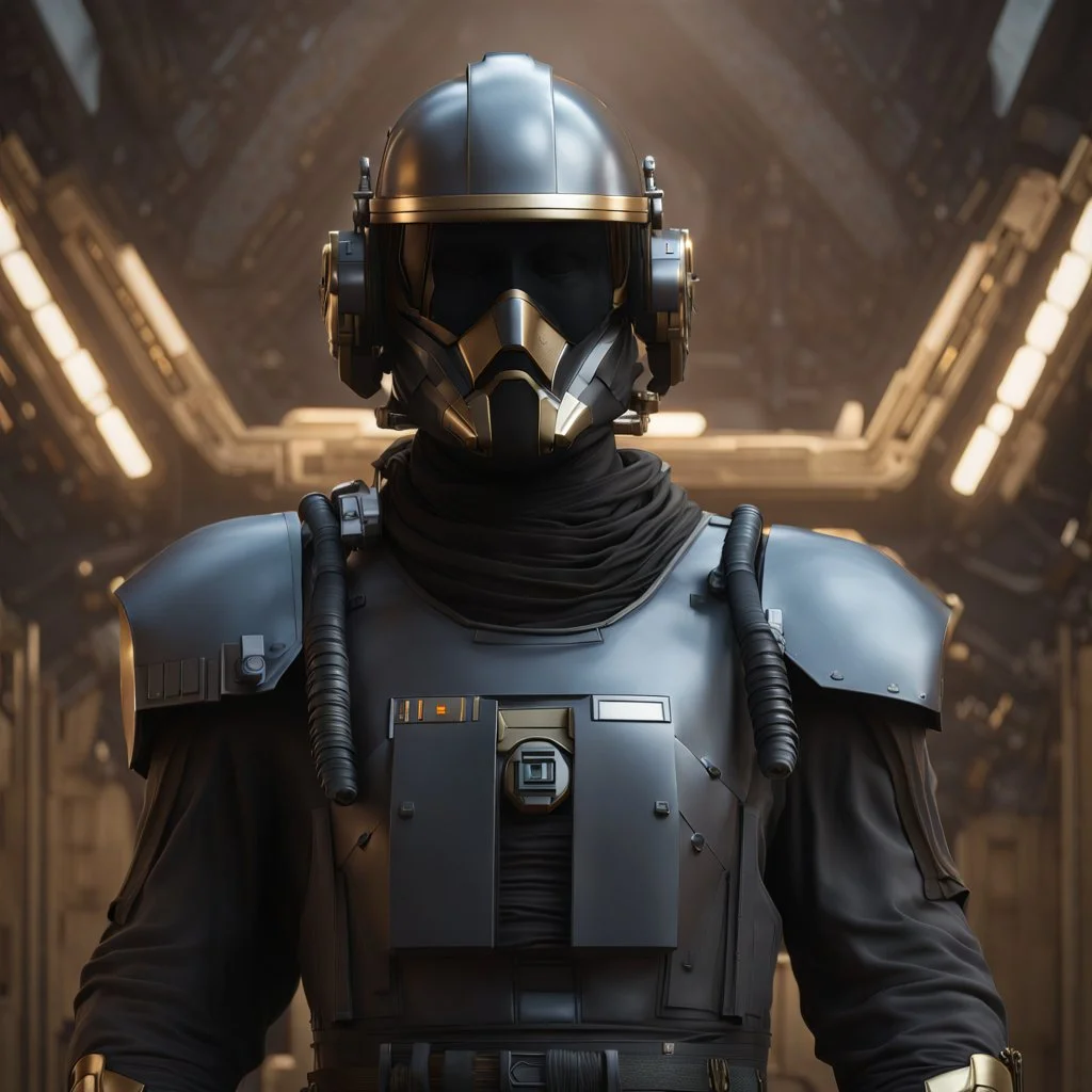 star wars bald male corellian pilot wearing dark gunmetal grey and black First Order special forces TIE pilot armored flightsuit and helmet with gold trim inside the jedi temple, centered head and shoulders portrait, hyperdetailed, dynamic lighting, hyperdetailed background, 8k resolution, volumetric lighting, light skin, fully symmetric details