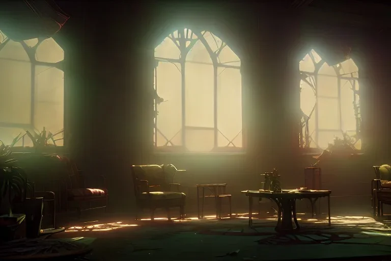 living room,overgrown, sundown, volumetric lighting through window curtains,window curtains blowing in the wind, abadoned,post apocalyptic, rundown, realistic, unity engine, bloom,cinematic lighting,red tone, octane render.