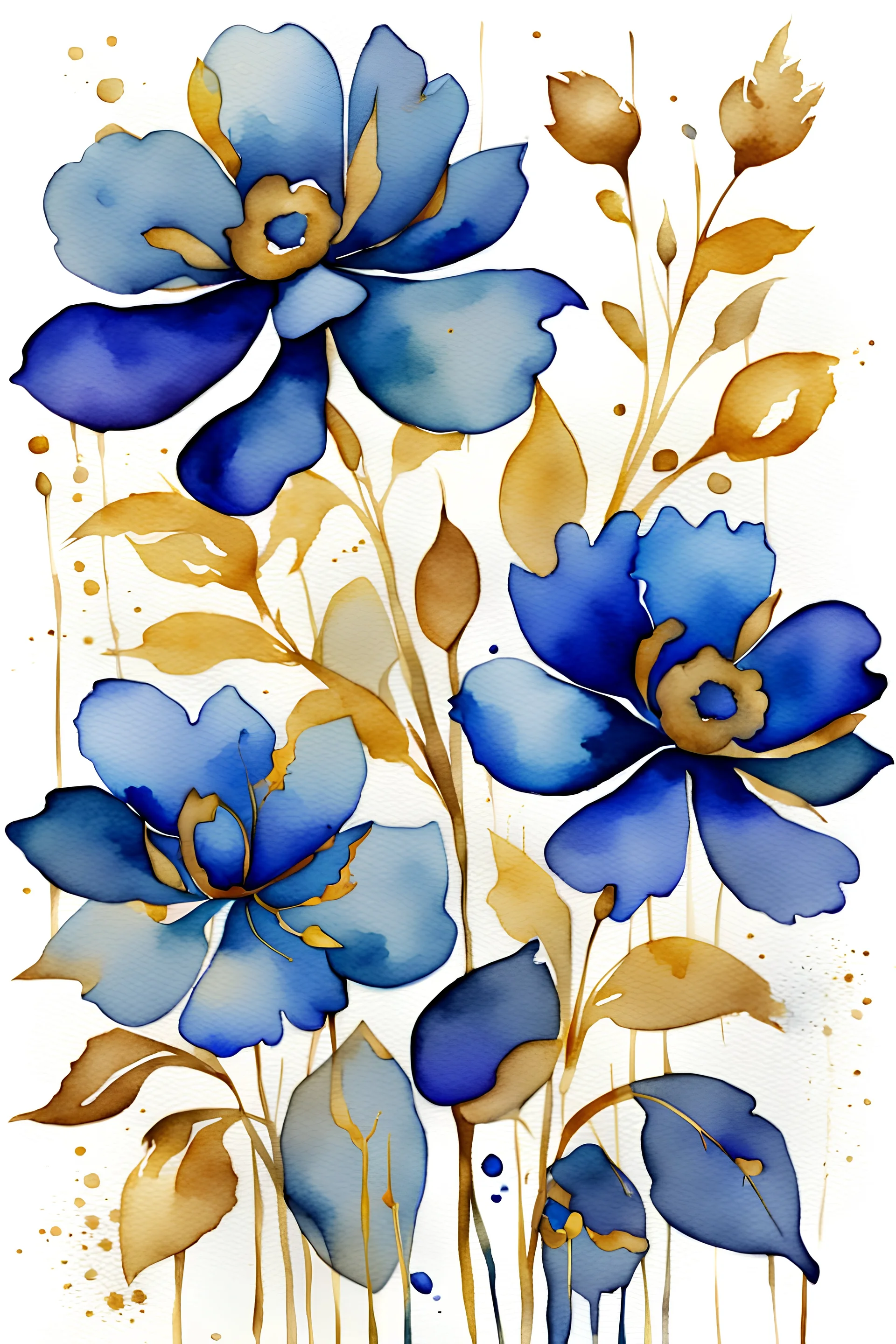 watercolor abstract big BLUE flowers with golden outlines on white background