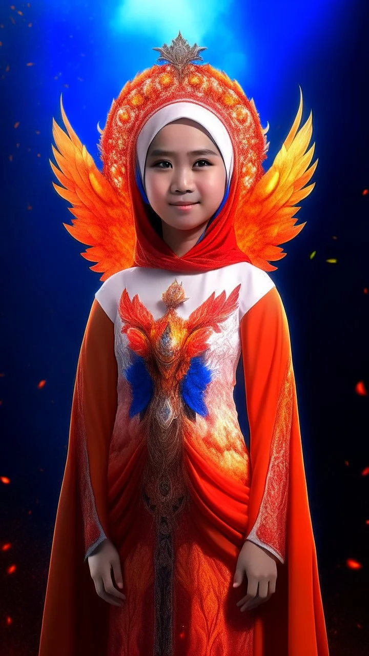 Full body wide-angle RAW photo, the fire princess wearing very luxurious and jewel-embellished clothes, fully covered, holding a fire shawl, opals and flower decorations, fractal wing texture, coming out of a burst of fire, winter scenery in the background, beautiful woman's face indonesia, high detail skin, phoenix, fire, 8k uhd, dslr, soft lighting, high quality, film grain