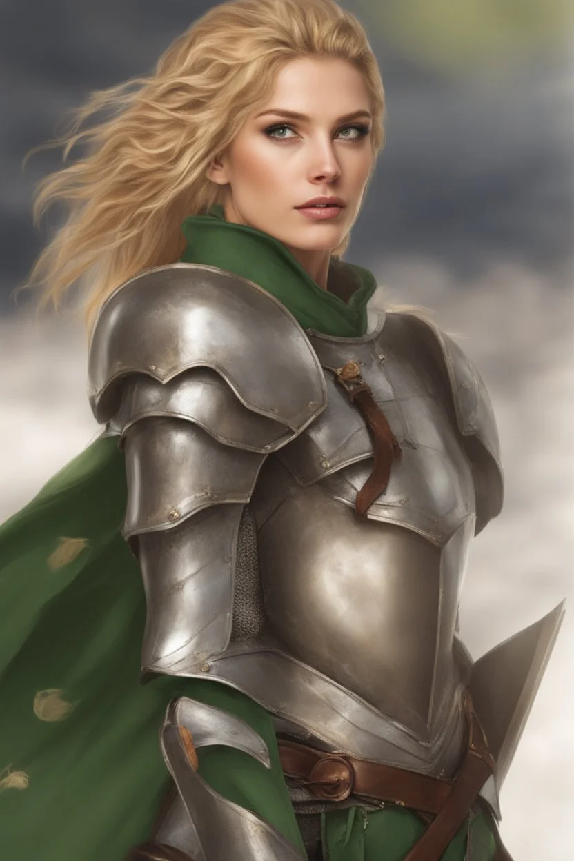 A beautiful woman with blond hair and green eyes. Knight, leather armor.