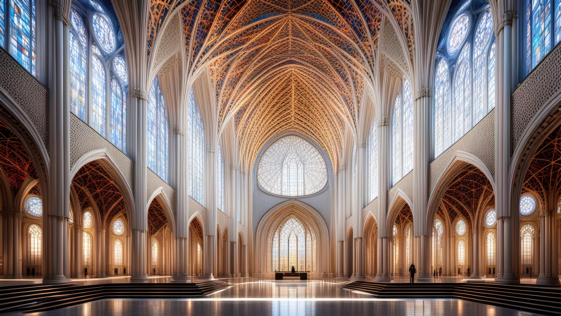 futuristic fantastic symmetrical cathedral interior view, year 2160, night, beautiful, colorful, totally symmetrical design, style Shigeru Ban, innovative architecture, award-winning photograph, awesome, serene, inspiring, spiritual, impressive, cinematic lighting, epic composition, photorealism, very high detail, Unreal Engine, Octane render, HDR