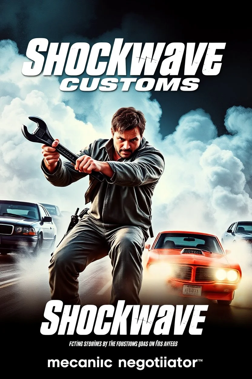 "Design a 90s-style action movie poster titled 'Shockwave Customs.' Feature a heroic mechanic in the foreground, fiercely battling thousands of adversaries with a spanner. In the background, show cars doing burnouts, creating a dynamic and intense scene. Capture the high-energy, gritty aesthetic of classic 90s action films. Prominently display the subtitle 'mechanic negotiator' in bold, impactful lettering."