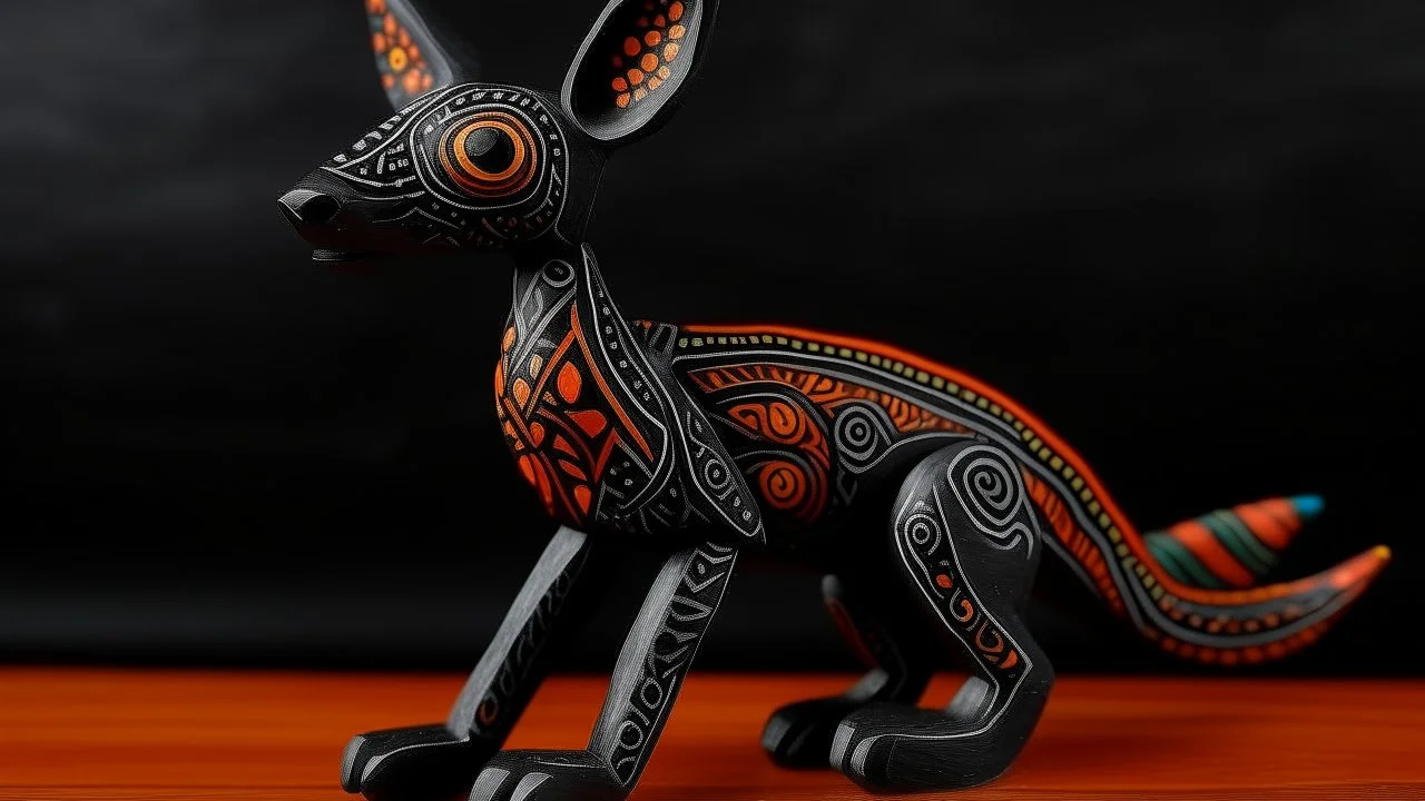 A black dark elemental kangaroo designed in Oaxacan alebrijes