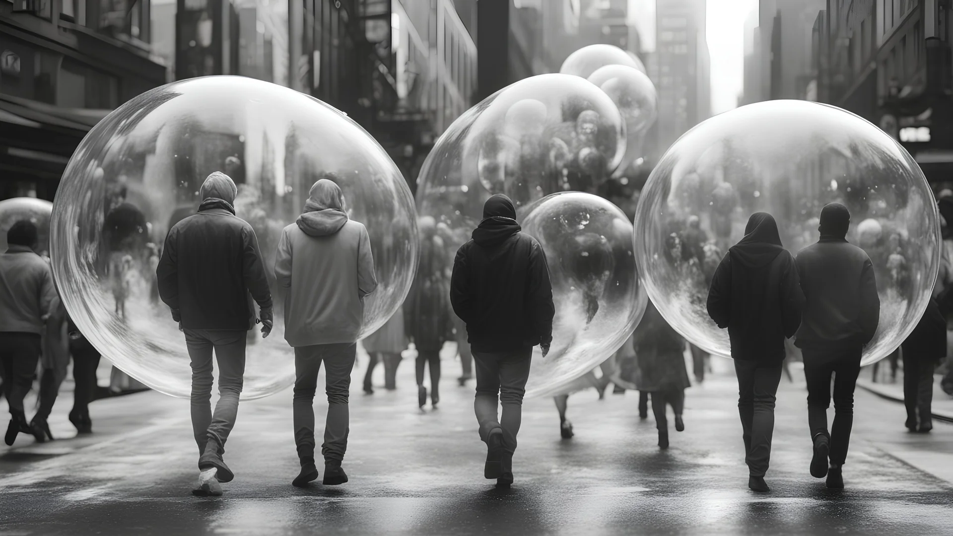 hyper realistic black and white view of humans in plastic bubbles walking down a New York street, photorealism, highly detailed, 4k