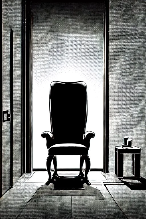 chair in the middle of an empty room, grayscale