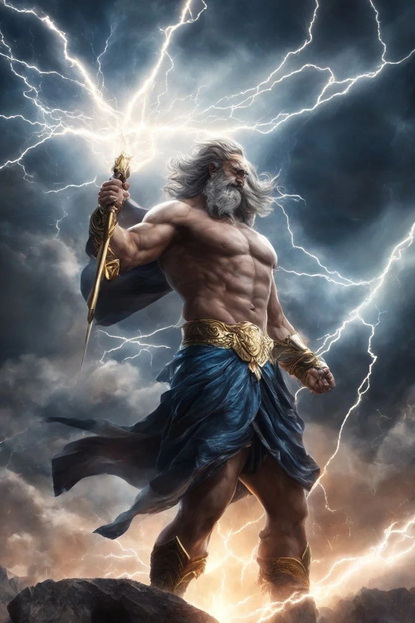 An epic and powerful illustration showcasing Zeus in a battle-ready stance, surrounded by celestial lightning, (epic illustration:1.4), (powerful Zeus:1.5), (celestial lightning backdrop:1.3), (expressive and dynamic stance:1.2), inspired by classical mythology and heroic depictions of Zeus, trending on ArtStation, Intricate, Sharp focus, dynamic lighting, (captivating:1.4), (godly details:1.5), (powerful presence:1.3), Masterful, Exquisite, Artful, Photorealistic, Ultra-detailed, 8K resolution