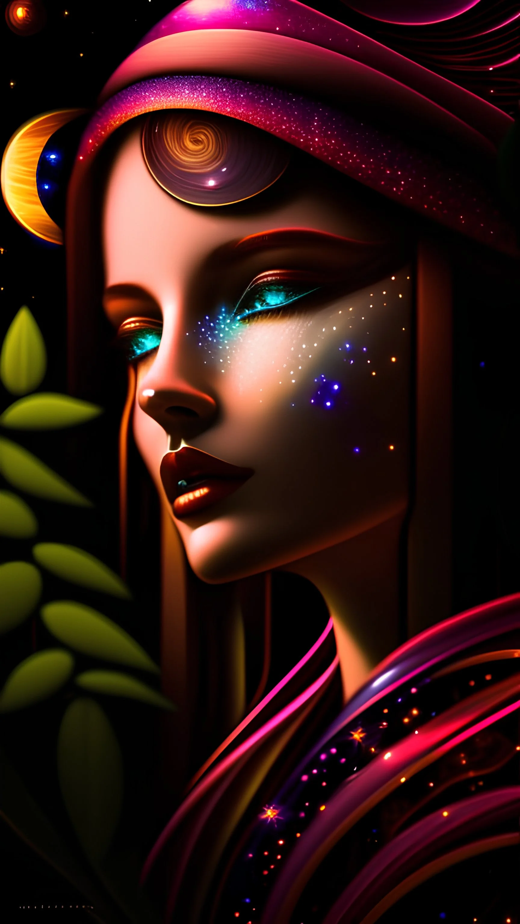 Oil Art minimal nouveau style, Fluid and organic lines, with a electric waterfall and starry night with majestic moon in a neon color on a plain background. A simple profile of a diamond wallpaper, A black and sunset palette with light ivory neon details, leveraging the organic shapes and naturalistic sense of Art Nouveau, 4K, hyper detailed, futuristic neon lights ambient, cinematic photography