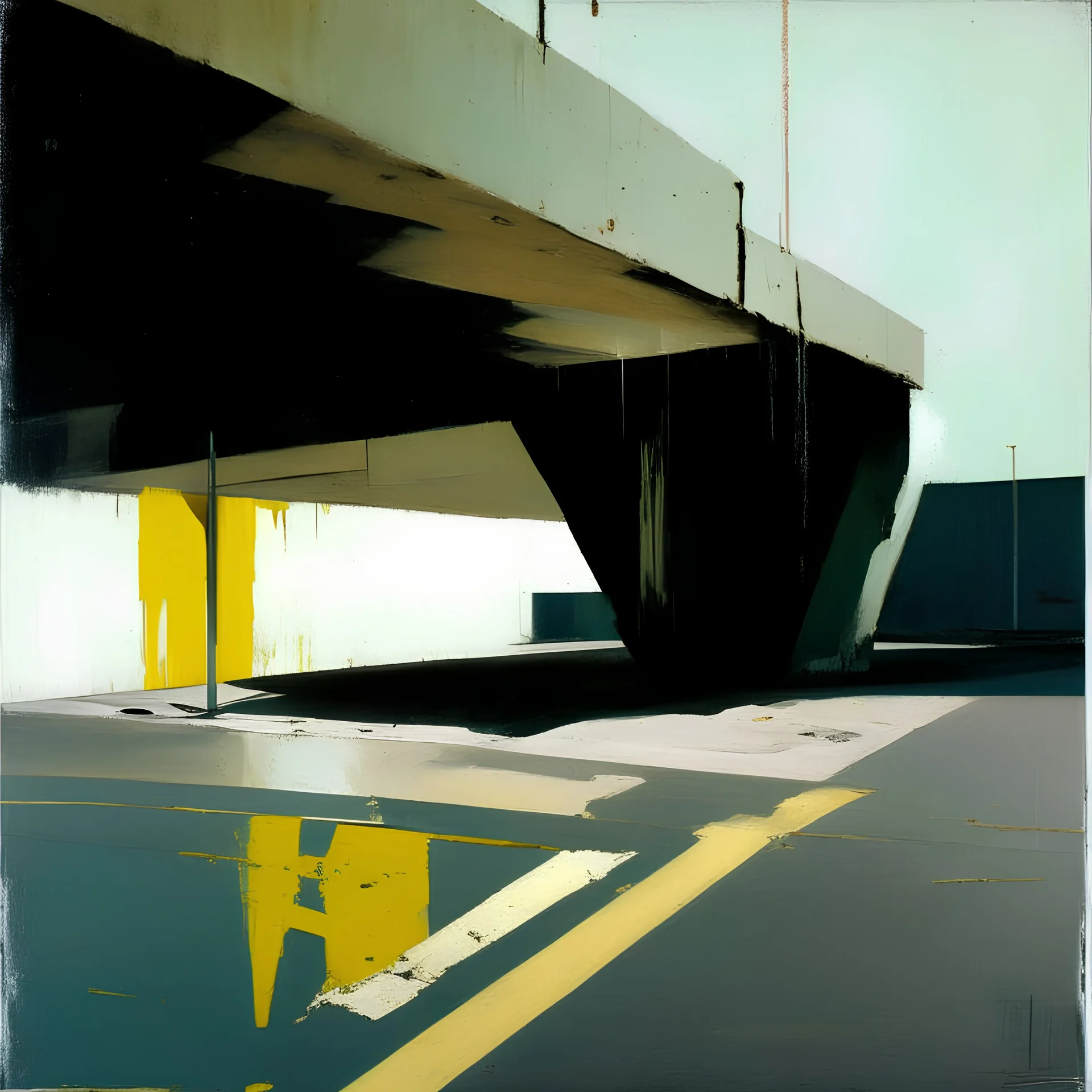 Minimal abstract oil paintings desolate 1960s carpark concrete fragments. style of Justin Mortimer and Francis Bacon. road markings.