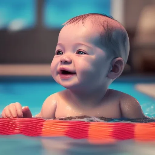 Baby swimming in pool unreal 5, octane render,cinema4d, dynamic lighting, dramatic lighting, 4k, redshift render, highly detailed, hyper realistic.