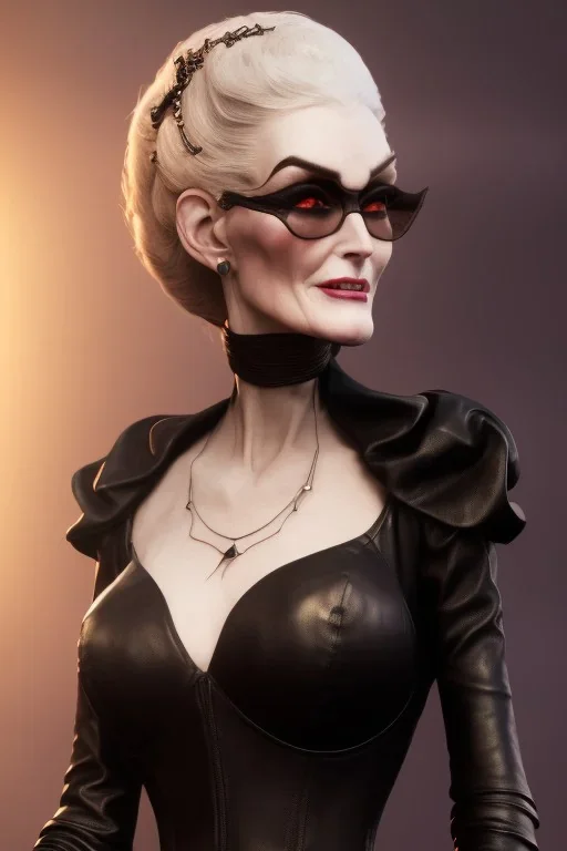 Carmen Dell`orifice as evil queen in black leather, leather, busty, cleavage, angry, stern look. character design by cory loftis, fenghua zhong, ryohei hase, ismail inceoglu and ruan jia. unreal engine 5, artistic lighting, highly detailed, photorealistic, fantasy