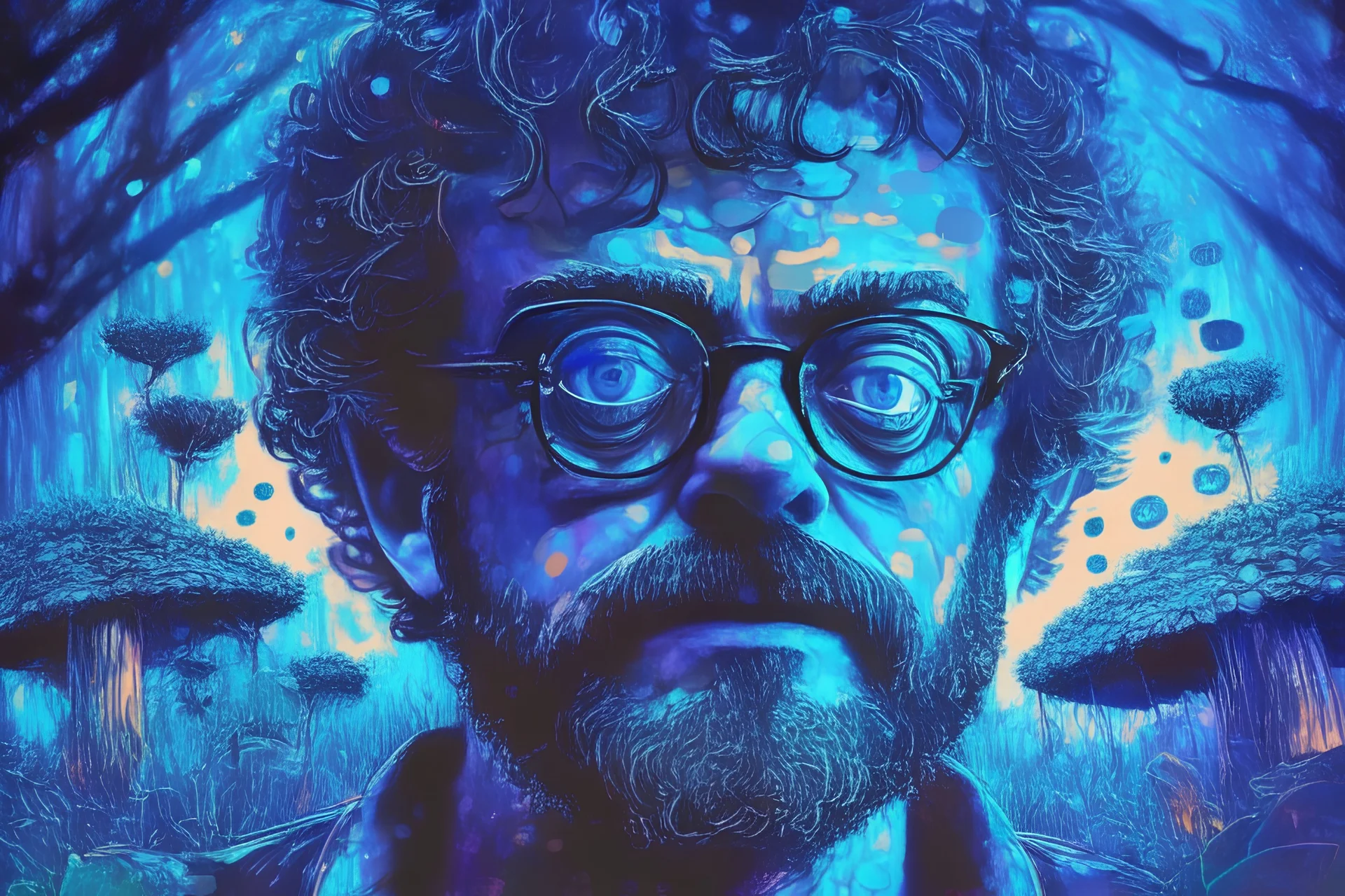 Terence McKenna in a psychedelic field of glowing blue and purple mushrooms in a nighttime forest full of fireflies and fairy lights in an illustrated digital art portrait style