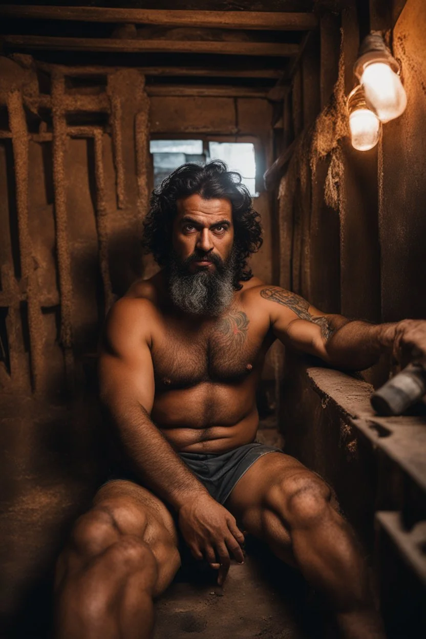 full figure shot photography of a 40-year-old arab angry beefy tattoo very hairy sweaty worker sitting spread-legged in an old sofa inside a construction site shed, big shoulders, boots, dressed in bulging shorts,shirtless, stubble, big manly legs, hairy chest, serious eyes, midnight, dim neon lights illuminating and shine on the beards of sweat that fill his large chest, photorealistic , ambient occlusion, view angle from the ground