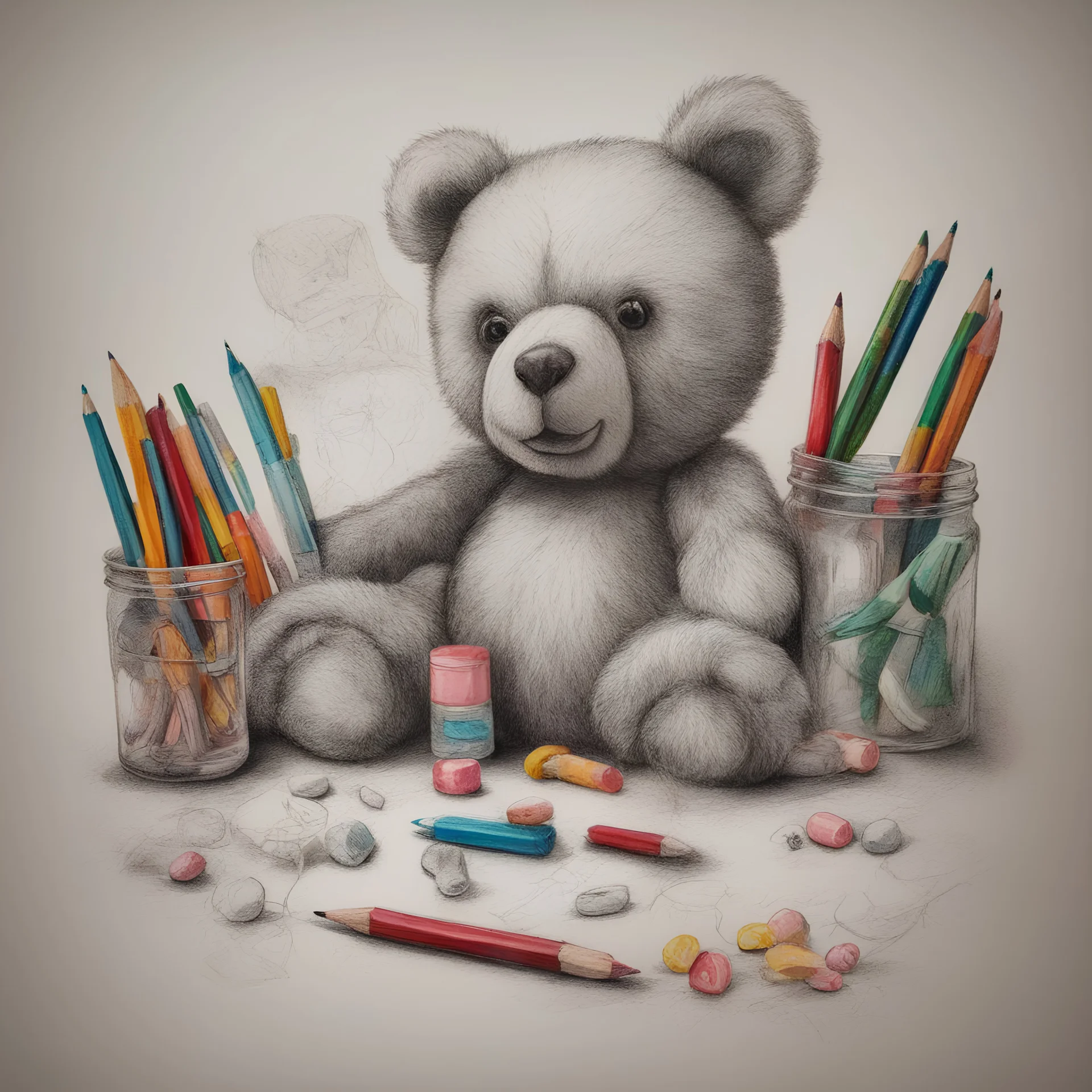 Pencils, pills, a teddy bear,, pencil drawing in colors