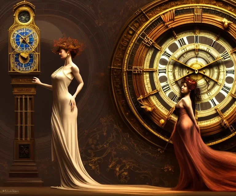 Trapped in time ” beautiful Woman trapped in a grand clock, Scenic background and foreground, Hyperdetailed, Royo, Ferri, Minguez, glowing edges, Mucha, Cina. Cinematic, WLOP, 8K, concept, sharp focus, rutkowski, detailed, Artgerm, Unity 3D, Gerald Brom, Pino Daeni, volumetric lighting